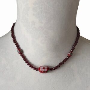 Cloisonné & Garnet Beaded Necklace | Vintage Style Statement Jewelry